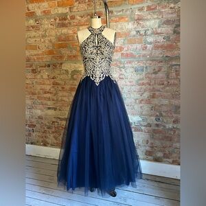 Envious Couture Navy and Gold Prom Dress